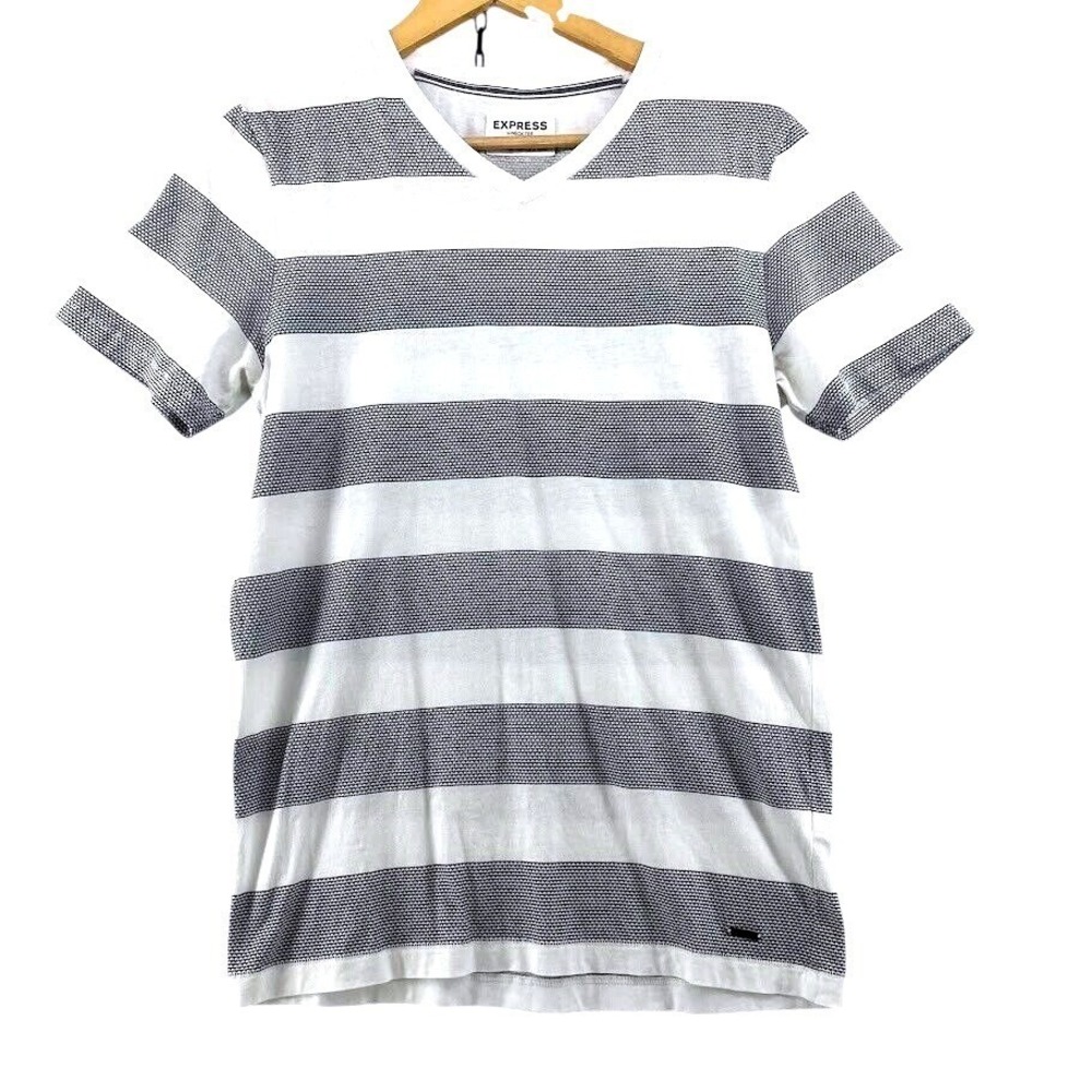 Express T-Shirt Men's Small Navy and White Striped‎ Patterned V-neck Tee #11990
